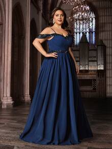 Elegant Curve Plus Size Women Chiffon Sequin Long Formal Dress, Open Shoulder Slit Hem Spaghetti Strap Evening Gown Wedding Spring Party - Navy Blue - View 5