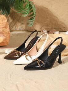 9cm Pointed Toe Elegant Stiletto High Heels, Slingback Leather-Look PU Pumps With Metal Decor, Suitable For Daily, Party, Wedding, Christmas, Prom, Office Formal Occasions,Mothers Day Gift - White - View 4