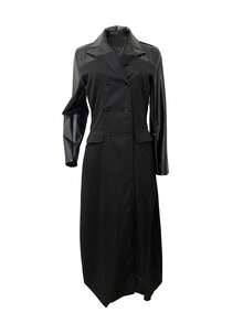 女士时尚开衫，翻领，双排扣，带口袋，PU拼接，宽松休闲长袖外套（带内衬） - 黑色 - 查看 5