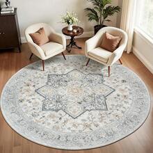 Washable Area Rug 5x7 - Soft Faux-Wool Area Rug Living Room Bedroom, Boho Vintage Floral Medallion Non-Slip Low Pile, Pet Friendly, Blue White - 灰棕色 - 查看 5