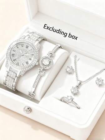 女士腕表套装，不锈钢表带，全镶钻，高端石英表，优雅商务休闲腕表