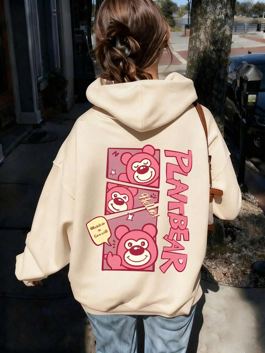 少女服装,活泼有趣的漫画风格印花图案,休闲风格,连帽卫衣,适合秋冬季穿着,适合购物、聚会、旅行和上学,适合日常穿着,毕业典礼、返校节、毕业典礼、老师、返校节、派对、旅行套头衫,女童童装 - 杏色 - 查看 1