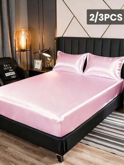 2/3pcs Fitted Sheet Set, Bedding Set, Satin Bed Sheets Set, Solid Color Skin-Friendly Bed Cover Set, PinkBedding Set, Room Decor, Soft And Comfortable, Mattress Protector For Bedroom Decor, 1 Bed Sheet With 1/2 Pillowcases, Deep Pocket, For Single/Twin/Full/King/Queen Bed Sizes, Luxury Bedding, Machine Washable, Cool Touch For Sleeping, Perfect Valentine's Day Gift, Valentine's Day, Valentine's Gift
