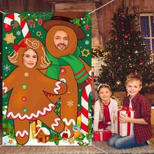 1pc,Gingerbread Photo Booth Props Banner, Large Fabric Face Photo Vertical Gingerbread Cutout Banner Background For Holiday And Winter Christmas Indoor And Outdoor Party Decorations And Supplies, Christmas Gingerbread Party Decors Fabric Large Photo Stand In Background For Holiday Xmas ﻿ - Multicolor - View 4