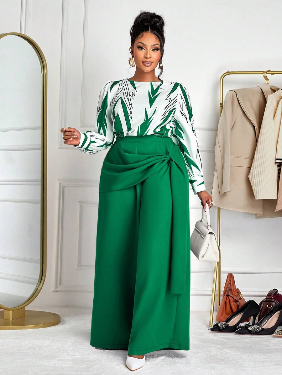 BIUBIU 大码女式绿色两件套，圆领常规袖抽象印花上衣搭配阔腿裤，优雅时尚 - 綠色 - 查看 1