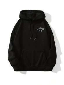 Planet Print Cute Hoodie, Casual Drawstring Pocket Hoodies Sweatshirt, Women's Clothing - 黑色 - 查看 1