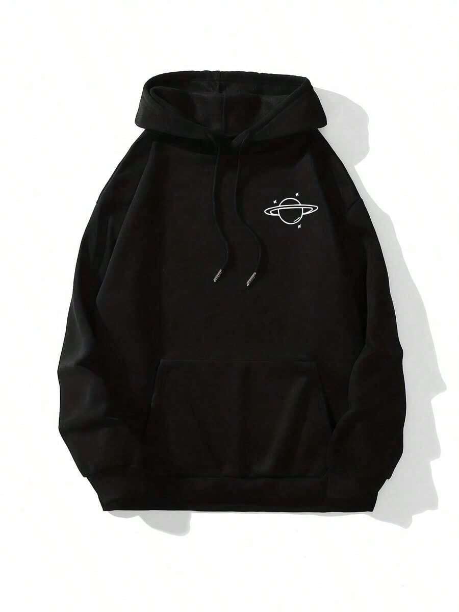 Planet Print Cute Hoodie, Casual Drawstring Pocket Hoodies Sweatshirt, Women's Clothing - 黑色 - 查看 1