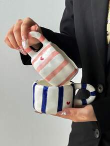 1pc Striped Heart Ceramic Coffee Mug, Elegant Minimalist Ceramic Mug, Ceramic Cup, Water Cup, Creative Hand-Painted Ceramic Juice Cup, High-Quality Afternoon Tea Cup, Breakfast Milk Cup, Gift Mug, Suitable For All Seasons - Multicolor - View 9