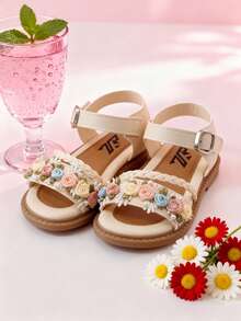 夏季新款公主风凉鞋，彩色花朵和珍珠装饰，魔术贴平底百搭凉鞋，适合旅行、购物、派对和日常穿着。 - 米色 - 查看 3