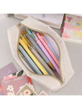 1 pieza Estuche de lápices de unicolor a cuadros, estuche de lápices multifuncional con patrón de diamantes de gran capacidad, bolsa de papelería para estudiantes (estuche de lápices de peluche para la escuela)