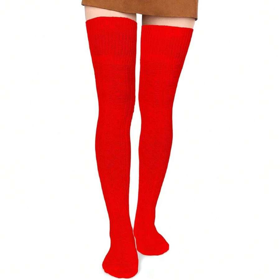 Women Thigh High Socks Extra Long Cotton Knit Warm Thick Tall Long Boot Stockings Leg Warmers,28126067 - 紅色 - 查看 1