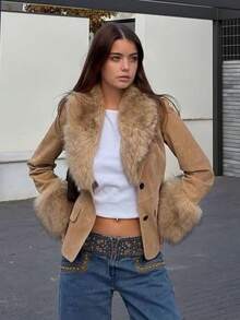 女士蓬松冬季外套，Y2K风格短款长袖派对装，秋季街头风人造毛皮拼接麂皮夹克 - 駝色 - 查看 2