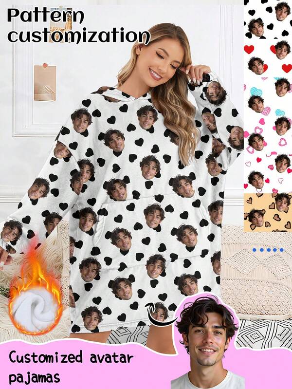 Manta con capucha personalizada de franela gruesa para mujer, vestido de salón con ajuste holgado personalizado con retratos, personajes de anime, parejas, ídolos o diseños de mascotas, para invierno