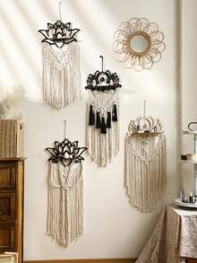 1 tấm treo tường Macrame Boho, kệ treo tường trang trí hình hoa sen, tranh treo tường tua rua Bohemian, kệ trưng bày pha lê, đồ trang trí nhà Boho Chic cho phòng khách, phòng ngủ, đồ trang trí tâm linh, đồ trang trí Macrame thủ công có tua rua - Nhiều màu - Xem 9