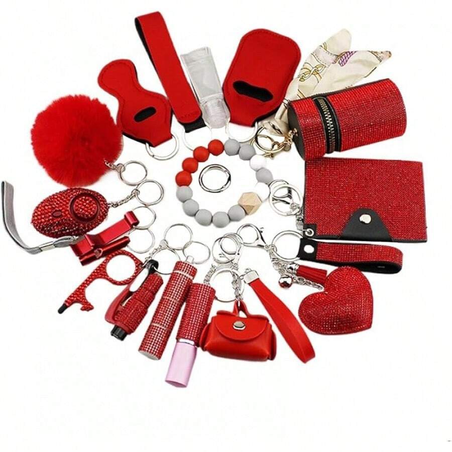 Shiny Safety Keychain Set With Personal Alarm, 19 Pcs Keychain Accessories Kit With Whistle Pompom, Gift Set For WomenChristmas - Red - View 1