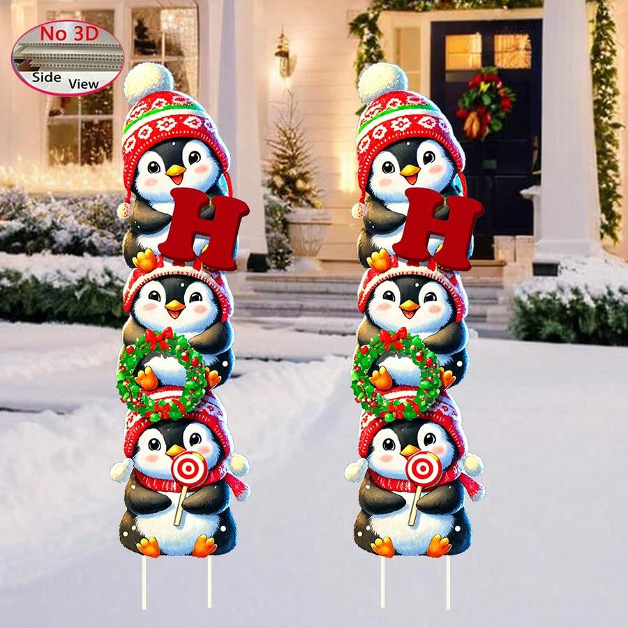 2 Peças Placas de Jardim com Pinguins Empilhados de Natal, Decoração de Jardim de Natal para Gramado, Pátio e Área Externa, Adereços e Decorações de Feriado, Decoração de Cena, Decoração de Quarto, Decoração Doméstica, Decoração de Festa de Natal