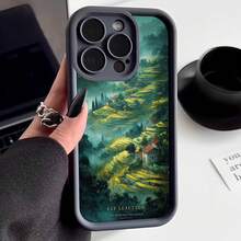 Cubierta de teléfono con borde negro diseño de paisaje rural con campos verdes y casas pintorescas texto CLV LEAUTION para uso diario y estilo moderno - Café integral - Ver 1