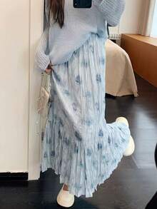 EARO Chic Women's Printed A-Line Skirt, Fashionable, Versatile, Elegant Design, Loose And Slimming - Baby Blue - View 1