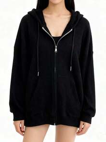 Sudadera con capucha y tejido de gofre para mujer con cordón en la cintura. Oversize pero favorecedora, diseño exclusivo y estético. Chaqueta de primavera/verano para mujer. Cárdigan con cremallera. - Negro - Ver 3