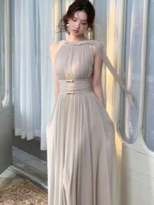 优雅纯色网纱吊带连衣裙，法式无袖A字鸡尾酒裙，适合夏季度假、情人节派对、特殊场合 - 淺粉色 - 查看 6