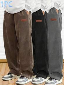 男士休闲纯色抽绳腰长裤 - 棕色 - 查看 3