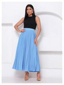 LXC Women's Pleated Skirt, Women's Vintage Midi Skirt, Elegant High-Waisted Long Skirt, Simple, Casual, Pleated, Office, Wedding - 淺色水洗藍 - 查看 4
