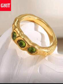 GNIT 限量版橄榄石镶嵌金银纹理戒指，独特设计，可叠戴女士戒指，奢华珠宝，理想的节日礼物 - 金色 - 查看 9