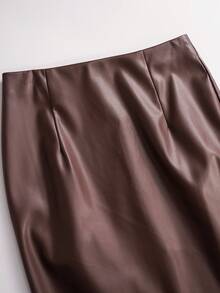 QUNGIGU 女士仿皮半身裙，高腰开衩铅笔裙，适合工作、办公室、商务休闲、秋冬季穿着。 - 咖啡棕 - 查看 4