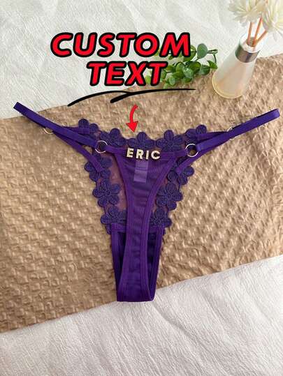 1pc Personalized Name Customized Thong, Crystal Letter Rhinestone Decor Sexy Embroidered Women's Bikini Panty, Floral T-Back Underwear, Custom Made Text G-String, Gift For Girlfriend, Wife, Best Friend For Valentine's Day, Christmas, Halloween, Thanksgiving, Birthday, Anniversary