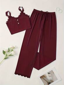 Ladies' Comfortable Striped Pajama Set - Sexy Lace Halter Pants And Shorts, Solid Color, Sleeveless, V-Neck, Long Style, Casual Style, Suitable For All Seasons, Casual Home Wear/V-Neck Halter Pants/Striped Fabric - Rượu vang đỏ - Xem 6