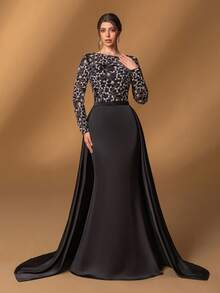 Faeriesty Mosy优雅圆领长袖鱼尾晚礼服：精致花卉刺绣新娘母亲礼服，适合正式婚礼、盛大晚宴、黑领结活动、高雅宴会和高档招待会。 - 黑色 - 查看 2