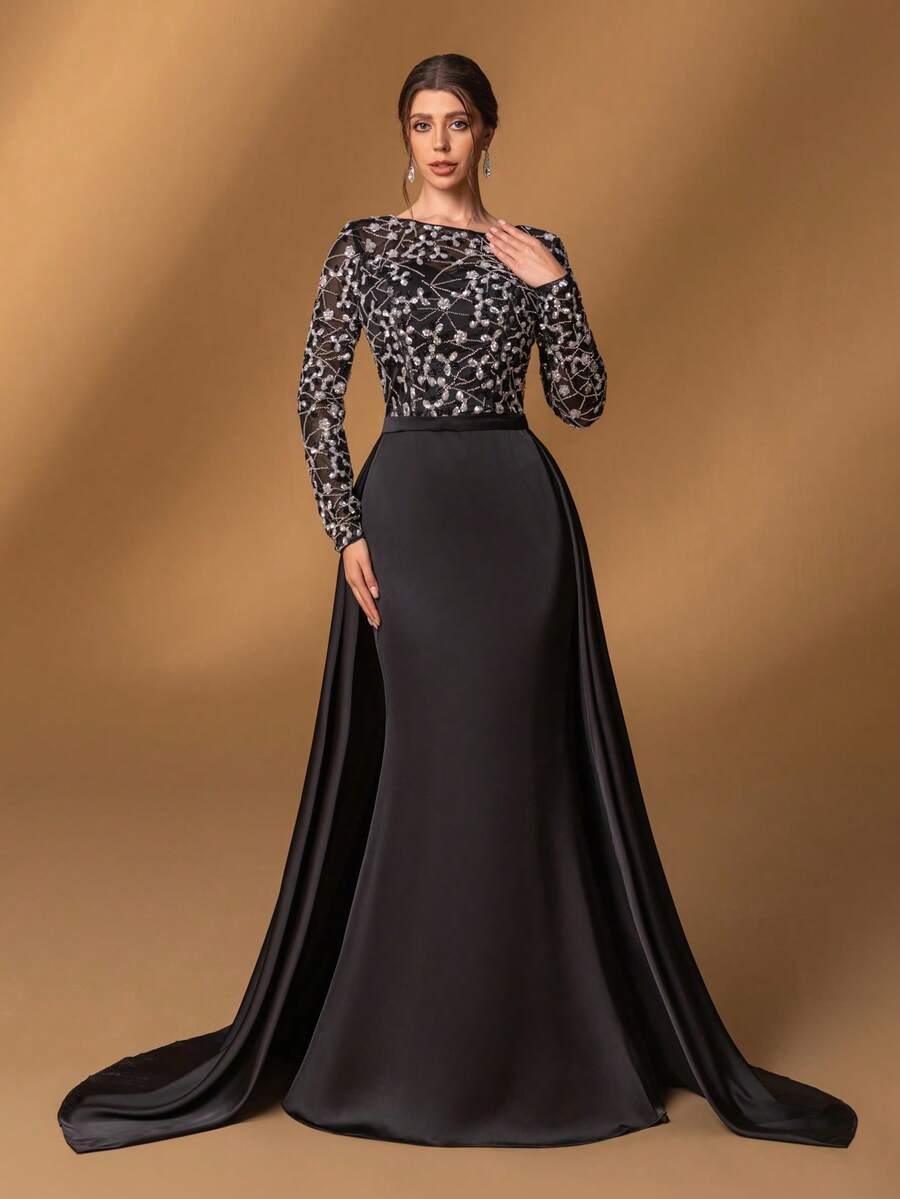 Faeriesty Mosy优雅圆领长袖鱼尾晚礼服：精致花卉刺绣新娘母亲礼服，适合正式婚礼、盛大晚宴、黑领结活动、高雅宴会和高档招待会。