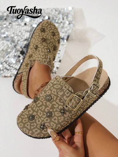 纯色设计，可调节松紧带，金属扣装饰，新款时尚拖鞋，厚实舒适软木鞋底，坡跟设计，百搭穆勒鞋，适合户外、通勤、休闲、日常穿着