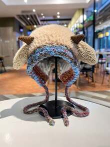 1顶儿童帽子，适合3-16岁儿童，小羊角帽，可爱帽子，防风保暖帽，旅行和摄影道具，羊耳朵可以发出声音，男女宝宝冬季帽子，幼儿发饰，男女通用