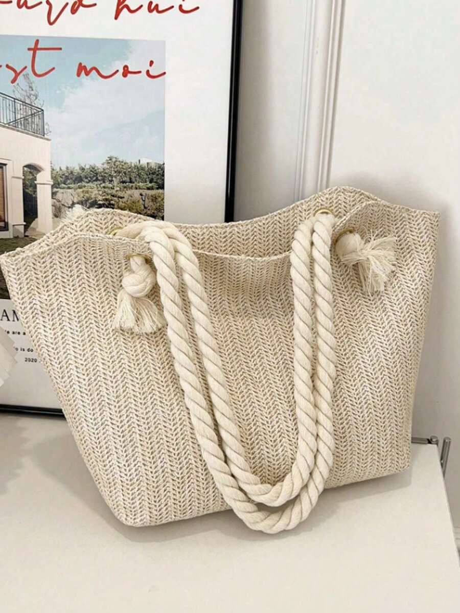 2025 New Country Style Multi-Purpose Women's Shoulder Bag, Casual Large Capacity Tote Bag, Woven Straw Bag, Beach Bag, Relaxed Vibe - Multicolor - View 1