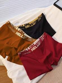 3pcs Men's Boxer Briefs, Asymmetrical Letter "HELLO" Waistband, Soft & Comfortable, Loungewear & Underwear