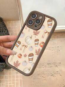 Funda para móvil con temática otoñal, diseñada con tazas de café y calabazas, compatible con  17,  16,  16 ProMax,  15,  15 ProMax,  14,  13,  12 y  11 Pro. Fabricada en TPU, ofrece protección a prueba de golpes. Perfecta para familiares, amigos, niños, cumpleaños, reuniones de otoño, noches acogedoras y celebraciones de Halloween. - Marrón - Ver 4