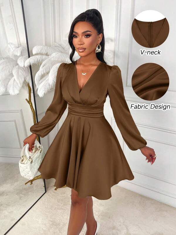 Amarilo Women's Autumn And Winter Elegant Solid Color V-Neck Slim Fit A-Line Puff Sleeve Satin Glossy Short Dress, Suitable For Parties And Daily Commuting Halloween Christmas