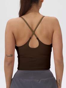 女士固定垫运动吊带背心，撞色弹力瑜伽吊带背心 - 咖啡棕 - 查看 4