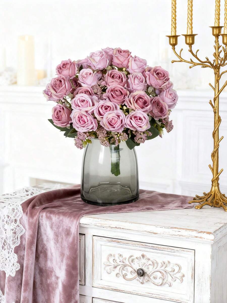 1/80pcs Silk Roses Bouquet With Artificial Foam Fruits, Suitable For Spring Decor, Valentine's Day Bridal Bouquet, Wedding Vase, Home, Restaurant, Bedroom Decor, Holiday, Birthday Party, Outdoor Garden Decor