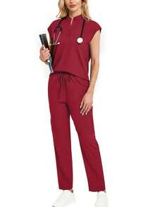 Set de 2 piezas de ropa de estar en casa de primavera con top de cuello alto y mangas cortas de unicolor y pantalones largos - Burdeos - Ver 6