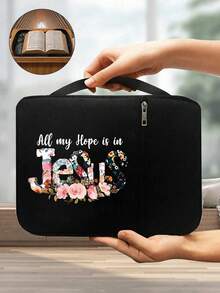 Fashionable And Minimalist Black Bible Bag And Bookmark With Patterns Of Flower Letters "Jesus", Handbag With Handle Zipper Pocket, Portable Church Bag, Multi-Functional Daily And Book Protection Large Capacity Storage Bag, Portable Sorting Bag, Standard Size Bible Bag, Perfect Choice For Adult, Women's, And Men's Bible Learning