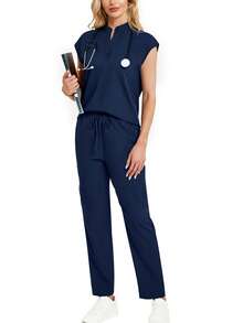 2pcs Solid Color Notched Neck Top And Pants Uniform Set Scrub Set - Navy Blue - View 6