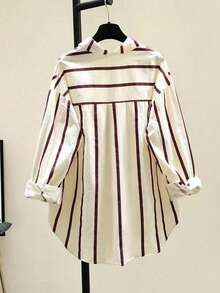 Striped Fashionable Drop Shoulder Loose Patchwork Pocket Shirt - Red - View 2