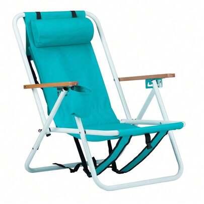 Folding Beach Camping Chair - Green, 4 Positions With Headrest/Cup Holder/Wooden Armrests, Portable Backpack Design, Ideal For Beach, Camping, Outdoor Use