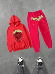 Men's English Printed Pull Tab Hat Long Sleeved Top And Pants Casual 2-Piece Set Daily Outfit - Red - View 3