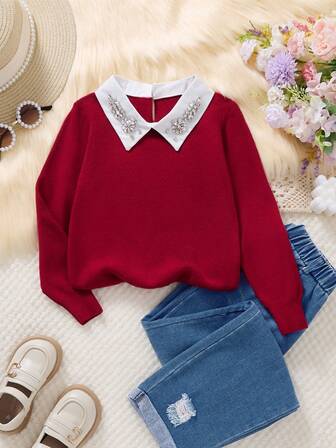 1pc Young Girls Autumn New Polo Collar Rhinestone Embellished Black Knit Pullover Sweater