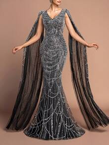 Women's Elegant V-Neck Cape-Like Ultra-Long Slit Sleeve Sparkly Beaded Floor-Length Party Gown – Form-Fitting Mermaid Skirt For Formal Parties, Galas & High-End Events