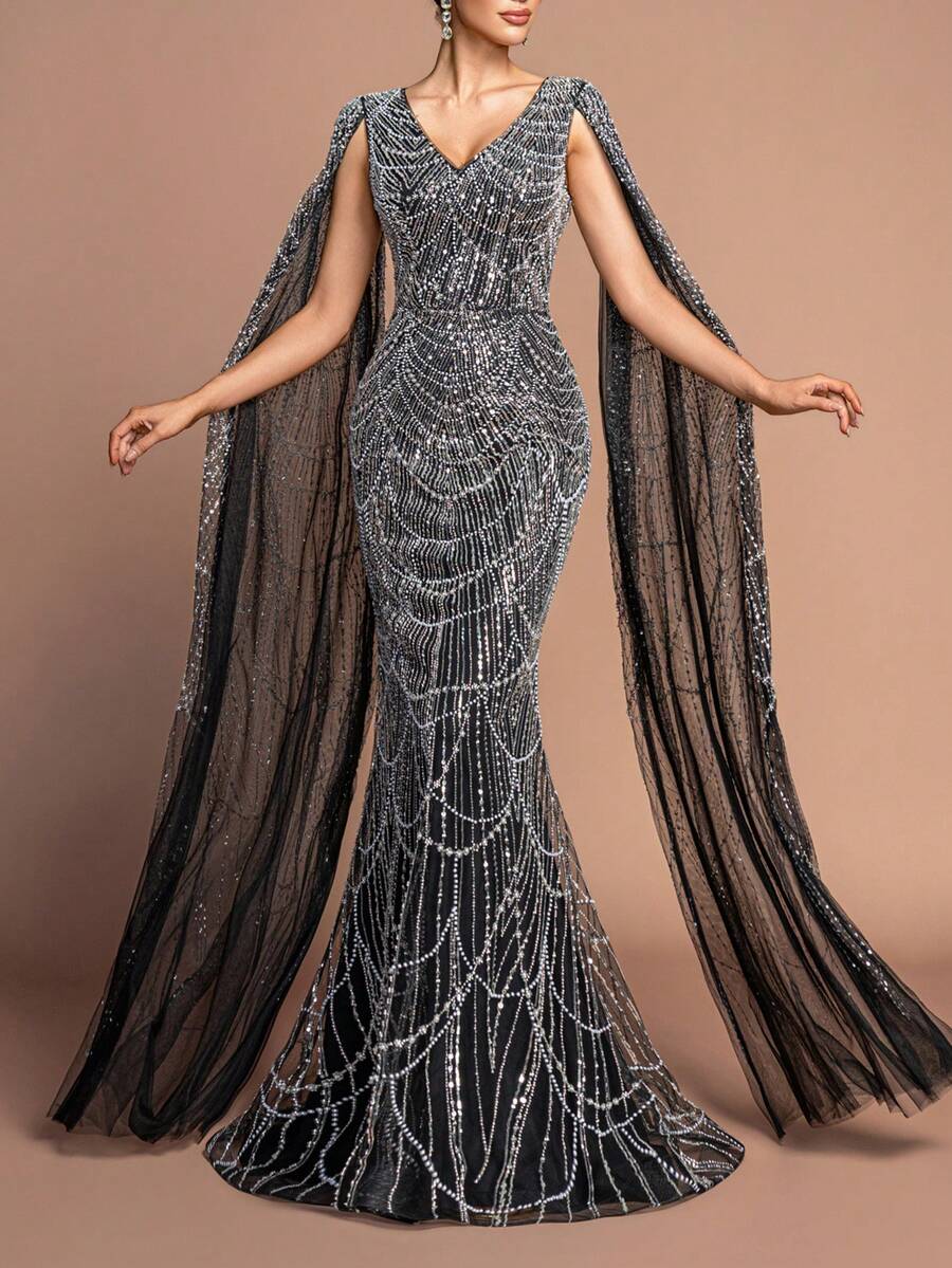 Women's Elegant V-Neck Cape-Like Ultra-Long Slit Sleeve Sparkly Beaded Floor-Length Party Gown – Form-Fitting Mermaid Skirt For Formal Parties, Galas & High-End Events