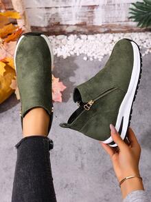 女士踝靴，女鞋冬靴，女士平底鞋，新款踝靴，女士拉链鞋 - 綠色 - 查看 6
